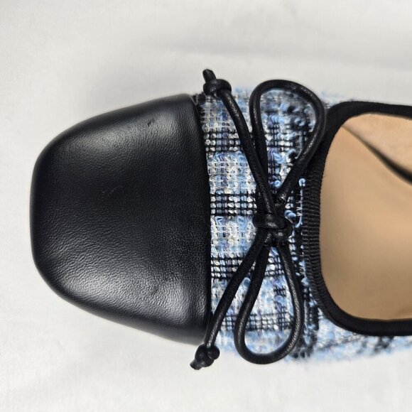 LOFT Size 7.5M Blue Plaid Tweed and Black Leather Ballet Flats Bow Accent - Picture 8 of 12